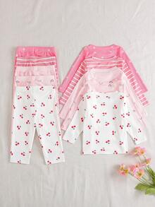 10pcs/Set Casual Cute Cherry & Floral Striped Printed Long Sleeve Top And Printed Pants Set, Autumn/Winter - Multicolor - View 3