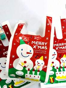 50/10pcs Christmas Gift Bags With Handles - PE Plastic Tote For Weddings, Birthdays, Parties - Red & White Snowman Design, Festive Patterns, For Holiday Presents, Christmas Gift Bags, Party Favor Bags