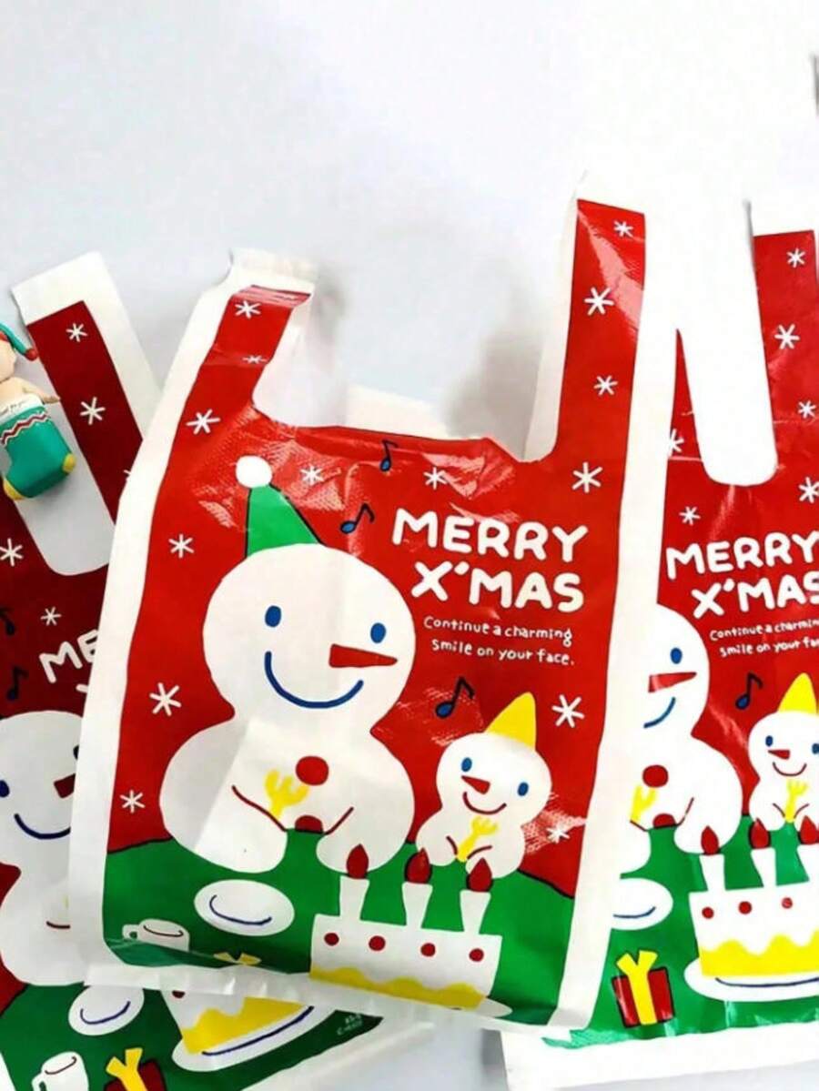 50/10pcs Christmas Gift Bags With Handles - PE Plastic Tote For Weddings, Birthdays, Parties - Red & White Snowman Design, Festive Patterns, For Holiday Presents, Christmas Gift Bags, Party Favor Bags
