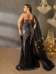 Women's Plus-Size One-Shoulder Sequin Mermaid Evening Gown With Detachable Cape Sleeve & Corset Back, Elegant Formal Dress With Trumpet Hem For Black Tie Galas, Wedding Guest Dresses, Mother Of The Bride Gowns, Red Carpet Events, And Formal Dinners - Black - View 2