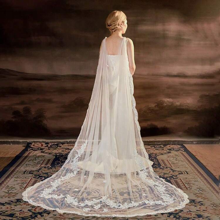 1pc Vintage Lace Trim Extra Long Bridal Cape/Cloak, Wedding Dress Accessory - Beige - View 7