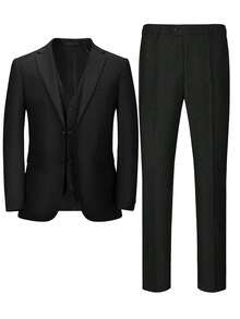 Men's Plus-Size Suit Set, Slim Fit Formal Suit With Vest & Pants, Includes Garment Bag, Ideal For Business, Wedding, Prom - 黑色 - 查看 3