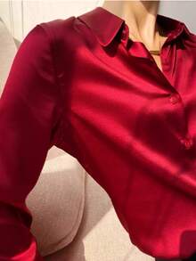 Camisa de manga larga con botones de unicolor elegante para mujer, adecuada para ir al trabajo, otoño - Burdeos - Ver 2