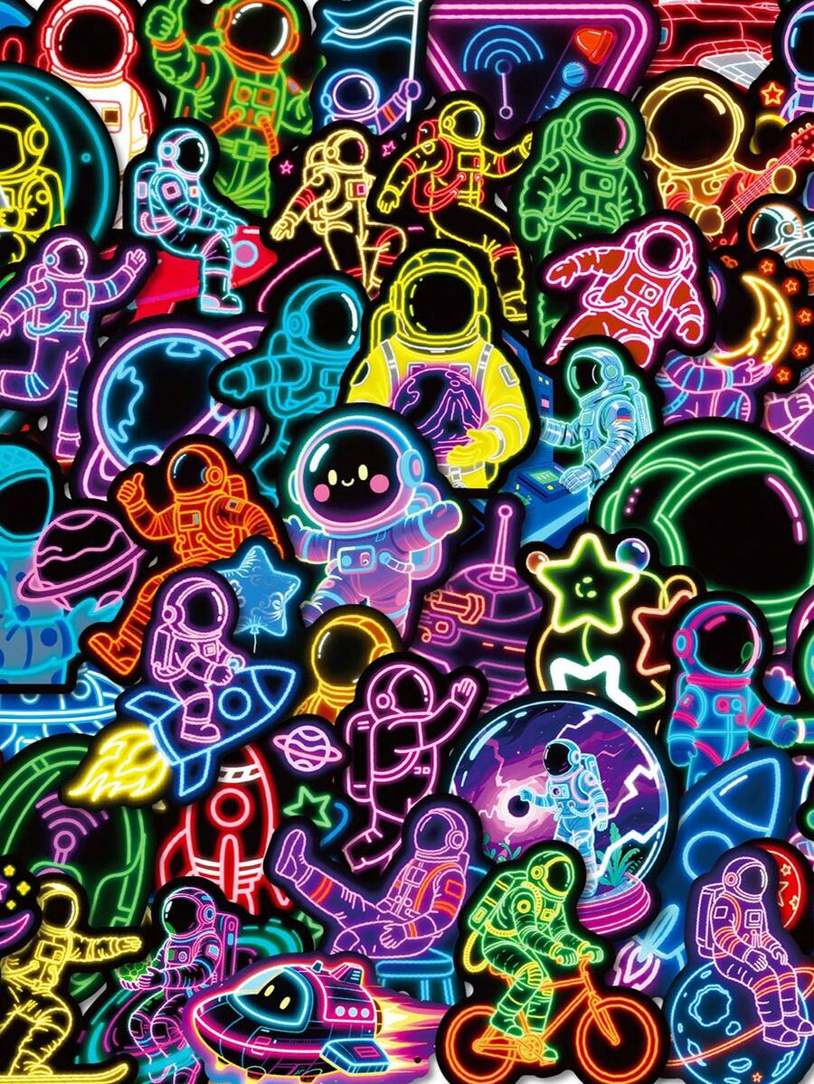 55Pcs Neon Stickers Astronaut Decor Neon Party Decorations Spaceship Stickers Neon Decor Graffiti Stickers Aesthetic Stickers Vinyl Waterproof Stickers For Journaling Computer Scrapbook Luggage Water Bottle Phone - Multicolor - View 1