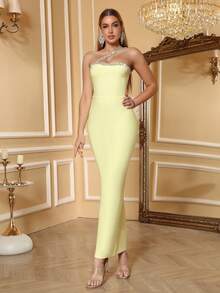 Love Aing Women's Summer Solid Color Asymmetrical Neckline Handmade 3D Rhinestone Elegant Cocktail Party Sexy Dress - Yellow - View 6