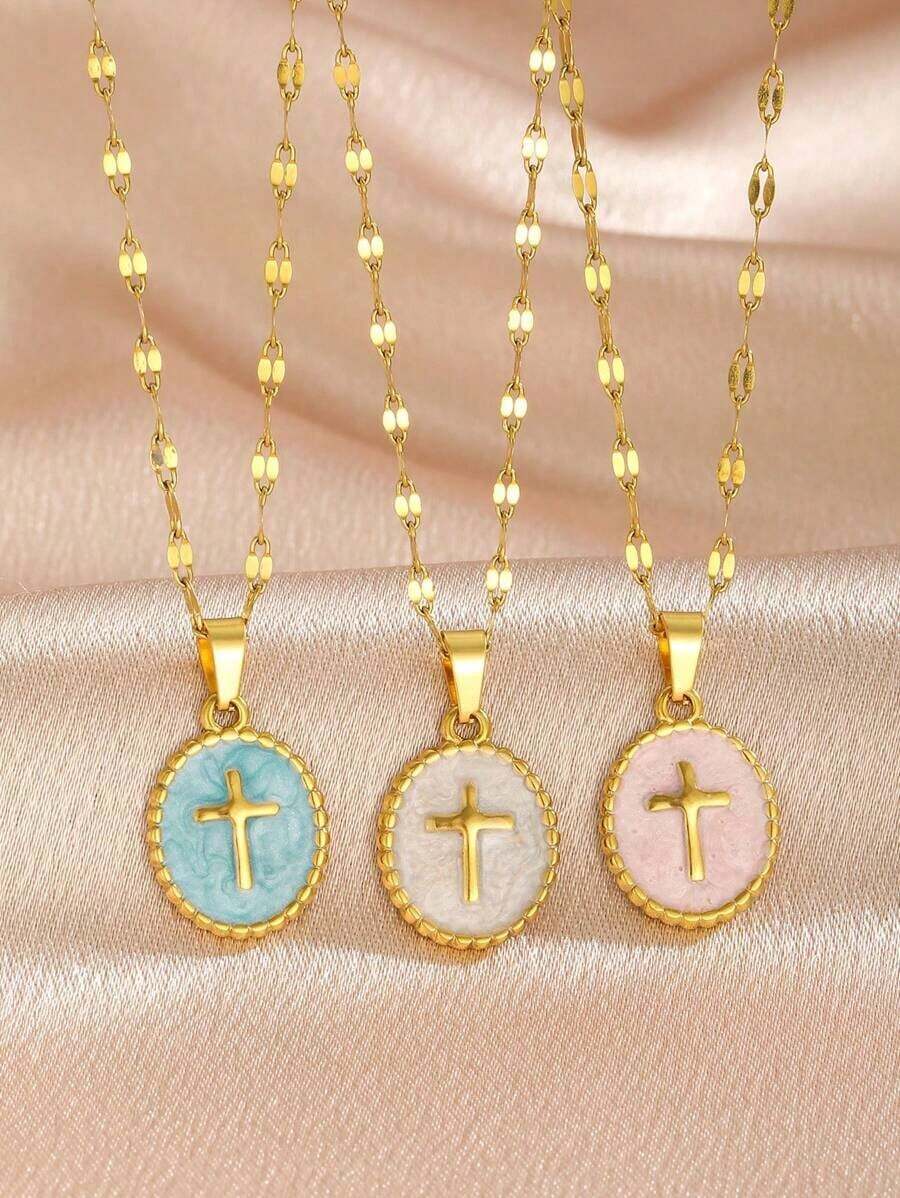 1pc Versatile Stainless Steel Cross Necklace - Fashionable Girls' Pendant Accessory, Great Gift For Daily/Street/Party/Festival/ - Nhiều màu - Xem 1