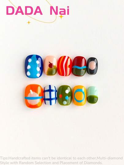 10片手工亚克力美甲贴纸，美甲用品，方形和圆形美甲贴纸，短指甲贴纸，蓝色、绿色、橙色圣诞美甲贴纸，可爱美甲贴纸，波点美甲贴纸，亚克力美甲胶，UV美甲凝胶，秋季美甲贴纸，派对美甲，手绘美甲用品，美甲工具套装，适合女性和女孩