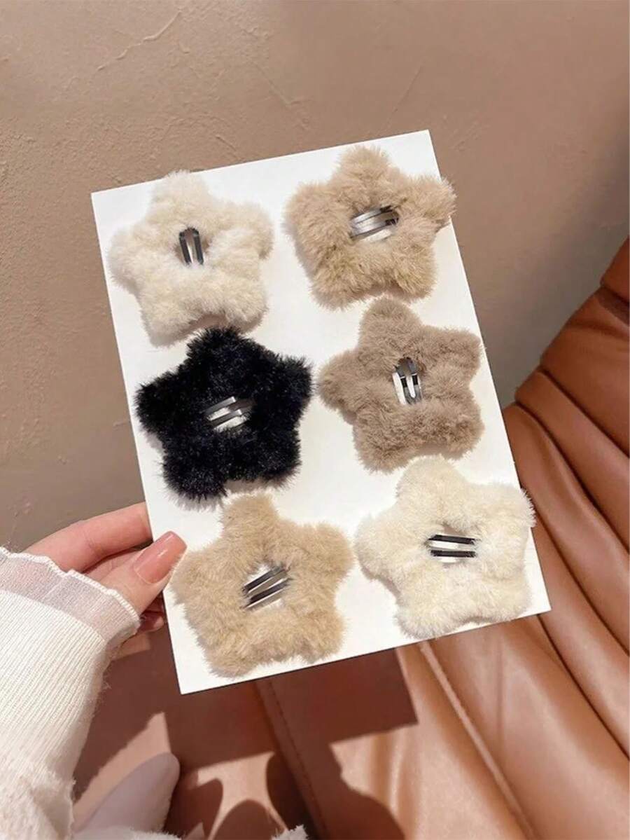 1pc/4pcs Cute Simple Plush Five-Pointed Star Hair Clips For Kids, Suitable For Daily Wear, Autumn/Winter