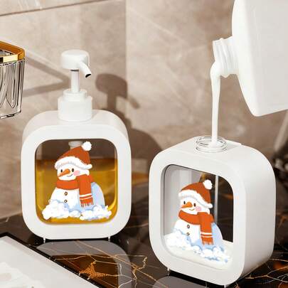 圣诞主题按压式皂液器，圣诞收纳盒 - 雪人戴圣诞帽设计，旅行收纳盒，圣诞收纳盒，可重复灌装的浴室和厨房皂液器，透明窗口方便灌装，圣诞装饰 - 适用于液体皂，厨房水槽配件，节日设计，耐用塑料