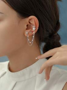 Tkool 可爱兔子仿珍珠耳骨夹和链条耳环套装（女士） - 銀色 - 查看 5