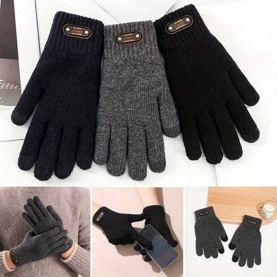 3 双男士冬季手套，可触摸屏，弹性袖口，钢针针织滑雪徒步通勤手套，可机洗，父亲节/圣诞节礼物，黑色/灰色，防风设计，时尚罗纹袖口，滑雪和户外必备，经典款式，男士冬装，送给爸爸/丈夫的礼物