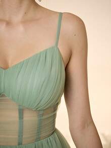 Đầm phù dâu Magiacy mới, cổ chữ V, dây mảnh, màu trơn, xếp ly, xẻ cao và chân váy dài bằng vải lưới, thích hợp cho đám cưới mùa xuân. - màu xanh lá - Xem 8