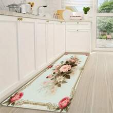 Floral Pattern Kitchen Rug, Non-Slip Washable Floor Mat With Vintage Rose Design, Watercolor Flowers For Kitchen Dining Room Entryway, Anti-Slip Rubber Backing, Long Narrow Runner Mat For Home Dec - 彩色 - 查看 1
