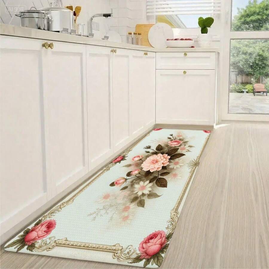 Floral Pattern Kitchen Rug, Non-Slip Washable Floor Mat With Vintage Rose Design, Watercolor Flowers For Kitchen Dining Room Entryway, Anti-Slip Rubber Backing, Long Narrow Runner Mat For Home Dec - 彩色 - 查看 1