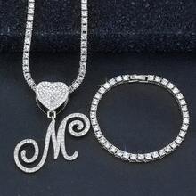 1 Set Women's Elegant Heart & Letter Pendant Necklace With Single Row Rhinestones, Matching Single Row Rhinestone Bracelet, Suitable For Daily Wear, Parties And Events, Versatile Jewelry Set - Fashionable Heart Letter Pendant Necklace - View 5