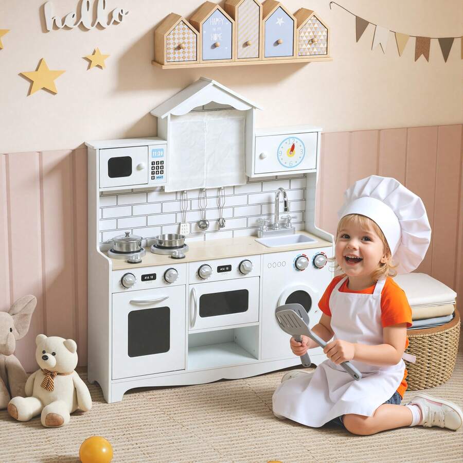 AIYAPLAY Cucina Giocattolo per Bambini da 3-6 Anni, Cucina in Legno con Set di Accessori in Acciaio e Armadietti, Lavandino, Manopole con Suoni e Forno, Bianco - Bianco - Visualizzare 1