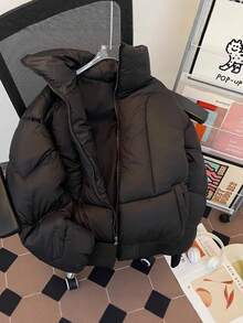 Deconstructing Short Down Cotton Jacket Men's Winter Thick High Collar Bread Coat Loose American Warm Cotton Jacket - 黑色 - 查看 3