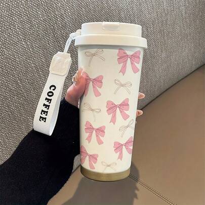 [1 Paquete] Taza de café aislada de acero inoxidable de 350ml, con estampado de lazo rosa, estilo dulce, taza para beber diaria, fácil de transportar cuando se viaja, adecuada para uso personal o como regalo, regalo de vacaciones, regalo de Navidad, para satisfacer las necesidades de uso diario