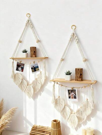 1pc Macrame Wall Hanging Shelf Boho Decor Handmade Woven Leaves Wood Floating Hand-Woven Leaf Floating Shelves For Bathroom Decor Bedroom Living Room Nursery, Without Clip