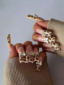 24pcs Extra Long Press On Nails Leopard Print French Fake Nails 3D White Bowknot Decorate Romantic Style False Nails For Women And Girls Nail Supplies - 彩色 - 查看 1