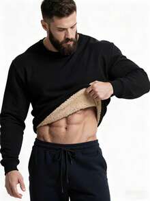 男士羊毛运动衫，冬季保暖加厚圆领长袖套头衫