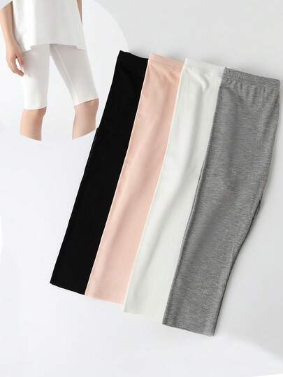 4/2/1pcs Girls Tight Leggings, Children Skinny Pants, Infant & Toddler, Spring & Summer, Thin, Capri Pants, Vertical Striped, White, Gray, Black, Pink, Solid Color, Casual Bermuda Shorts, Minimalist, Cute, Fashionable, Suitable For Daily Wear, Can Be Worn As Pants, Soft, Comfortable, Leggings, Students Can Match With Tops, Dresses, Back To School, Students, New Semester, Classroom, Knitted Girls Elastic Leggings, Cropped Sweatpants, Suitable For Girls