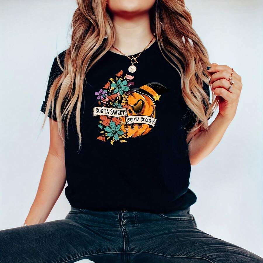 Sweet Rta Spooky Shirt, Flower Pumpkin Shirt, Halloween Pumpkin, Horror Shirt, Halloween Party Gift, Sar , Spooky Sean T Shirt220G Clic Pure Cotton T-Shirt - The Perfect Blend Of Sual And Act, I For Everyday Wear And The Gym, A Warm Gift For Your HusbandWifetops WoM.En Fall OutfiT.S For WoM.En  VaC.Ation OutfiT.S WoM.En Halloween Costume - màu đen - Xem 1