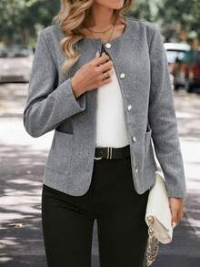 Womens Open Front Crop Jacket Solid Color Long Sleeve Round Neck Button Down Coat With Pockets - Grey - View 5