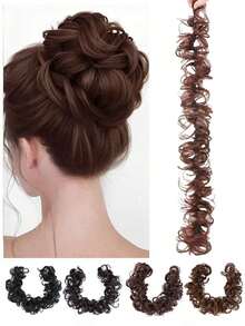 Messy Twisted Ponytail Hair Extension With Synthetic Wavy Updo Bun For Women, Elastic Hair Tie Included - 深棕色 - 查看 1