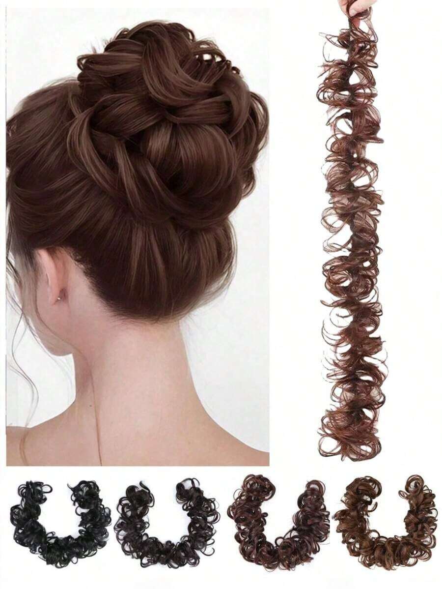 Messy Twisted Ponytail Hair Extension With Synthetic Wavy Updo Bun For Women, Elastic Hair Tie Included - 深棕色 - 查看 1