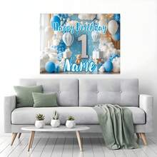 Customisable Name Blue Hot Air Balloon Bear Happy Birthday Backdrop Blue And White Balloon Gift Box Decorations Personalised Theme Party Backdrop Decorations Photography Props Vinyl