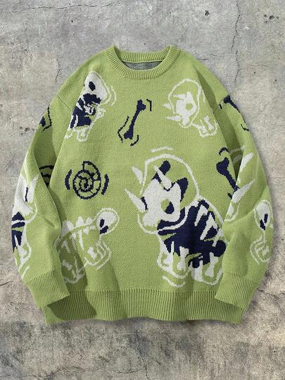  Jersey holgado de cuello redondo con estampado de dinosaurio casual para hombre ANDREILEE, de estilo versátil para la calle, adecuado para primavera, otoño e invierno