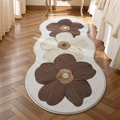 DAJIANG 1pc Soft Plush Floral Mat - Comfortable Brown And Beige Floral Pattern, Non-Slip Long Runner Mat For Bedroom Or Living Room, Machine Washable, High Pile Home Decor, Bedroom Floor Decor | Asymmetric Shaped Mat | Faux Wool Feel, Living Room Carpet, Festival Decor Room, Entryway Rug, Runner Rug, Autumn, Winter, Bedroom Decoration, Autumn Decor, Carpet, Halloween, Thanksgiving Decoration Christmas Decor Kitchen Rug