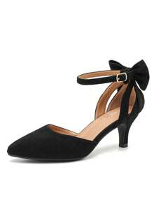 MAIERNISI JESSI Women's Wedding Evening Party Bow Kitten Heels Pumps Ankle Strap Buckle Dress Shoes - 黑色絨面 - 查看 16