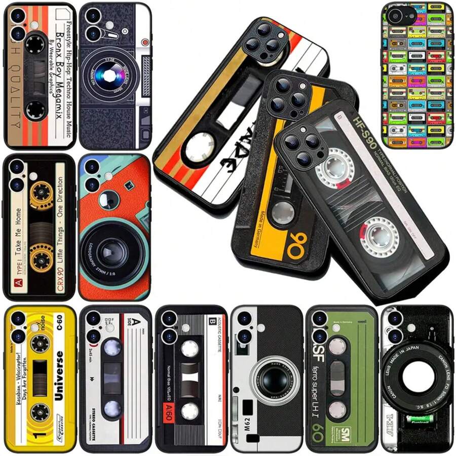 Custodia compatibile con Apple 13, 12, Mini, XS, 14, Pro Max, Plus, SE 2022, SE3, SE2, XR, 14+ con design vintage di fotocamera, cassetta vintage, custodia compatibile con 17, 17 Pro, 17 Pro Max