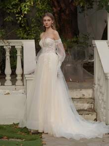 YOUKEFEIER Women's Off Shoulder Sexy Deep V Lace Embroidery With Beads Long Wedding Dress