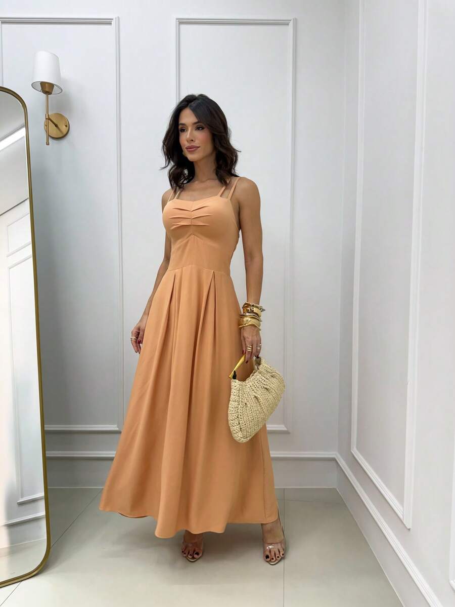 Long Dress With Double Straps And Ruched Detail On The Bust - 駝色 - 查看 1