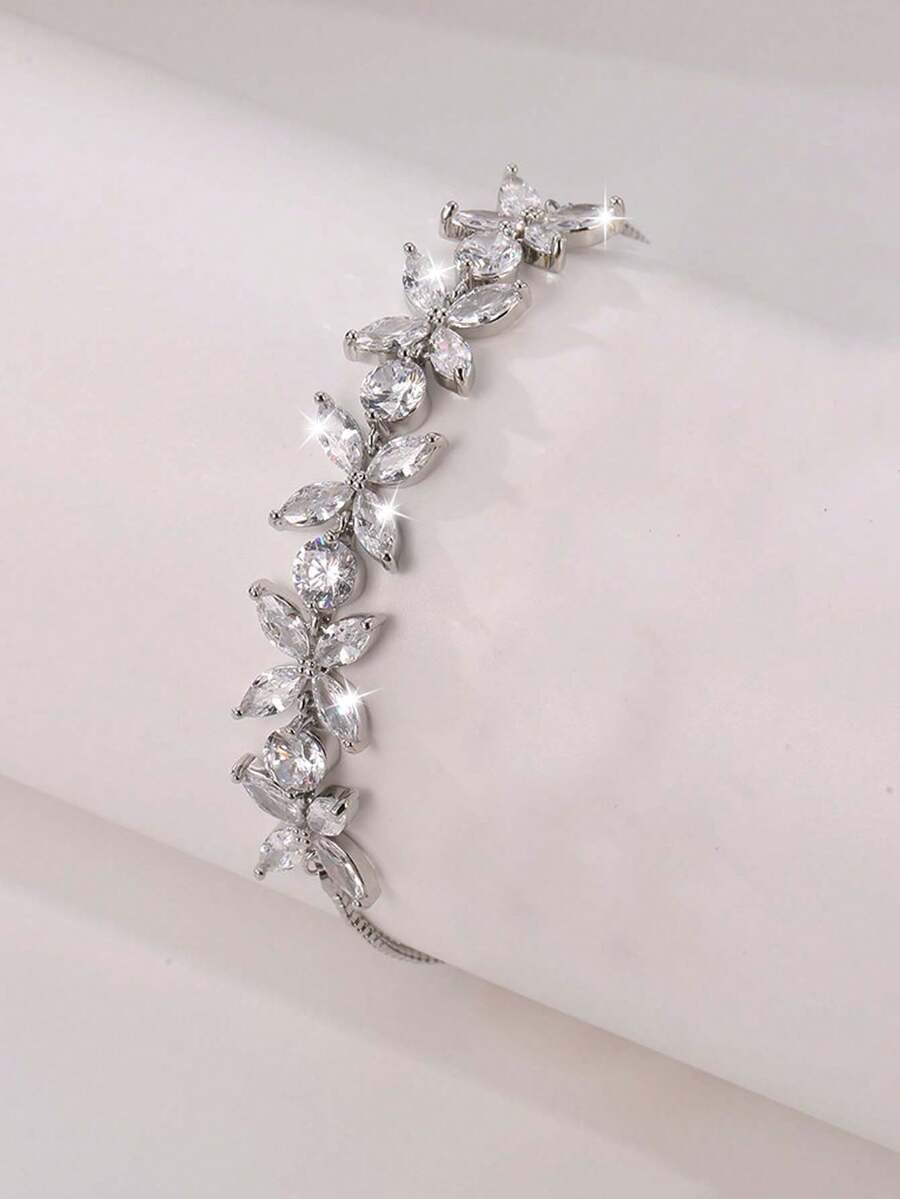 1 chiếc vòng tay xích bạc đính đá Cubic Zirconia thời trang dành cho nữ, thích hợp cho các bữa tiệc, ngày lễ và đeo hàng ngày - Bạc - Xem 1