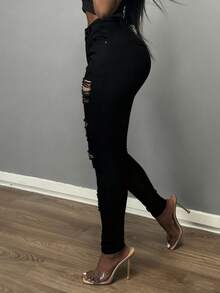 Four Seasons Casual Ripped Pocket Skinny Jeans Mid-Rise Comfortable Skinny Jeans - màu đen - Xem 3