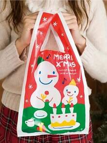 50/10pcs Christmas Gift Bags With Handles - PE Plastic Tote For Weddings, Birthdays, Parties - Red & White Snowman Design, Festive Patterns, For Holiday Presents, Christmas Gift Bags, Party Favor Bags