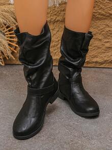 بوت نسائية موضة، بوت كاحل مطوية قابلة للانزلاق، بوت كاحل نسائية ذات كعب مسطح بإبزيم بطراز غربي، لون أحادي، للعطلات