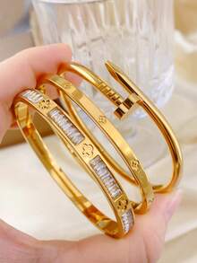 3pcs/1pc Fashion 18K Gold Plated Stainless Steel Four-Leaf Clover Nail Bracelet, Suitable For Women's Party, Daily Wear, European And American Style, Personalized, Generous, Luxury Cubic Zirconia Wristband, Wedding Jewelry Set, Gift For Girls, Women, Relatives, Friends, Beautiful Wedding, Birthday, Valentine's Day