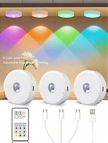 3 luzes recarregáveis para armários com controle remoto, 9 cores RGB, reguláveis, modos suave e intermitente, luminária magnética para armários, prateleiras, decoração de parede