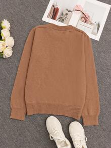 Áo len nữ mùa Thu/Đông đơn giản, dễ thương, cổ tròn, tay dài, chất liệu mềm mại, màu xanh nhạt, cổ tròn, họa tiết chó Dachshund, áo len màu xanh dương trang trí họa tiết chó Dachshund đáng yêu, thiết kế hoạt hình cổ điển tương phản. - Màu Khaki - Xem 5