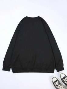 Sudadera casual negra para mujer con estampado de dedos vibrante - Manga larga, cordón, bolsillo canguro, diseño "Mantén tu cabeza alta y tu dedo medio más alto", moda otoño/invierno, sudadera casual | Sudadera gráfica juguetona | Sudadera de tejido elástico - Negro - Ver 2