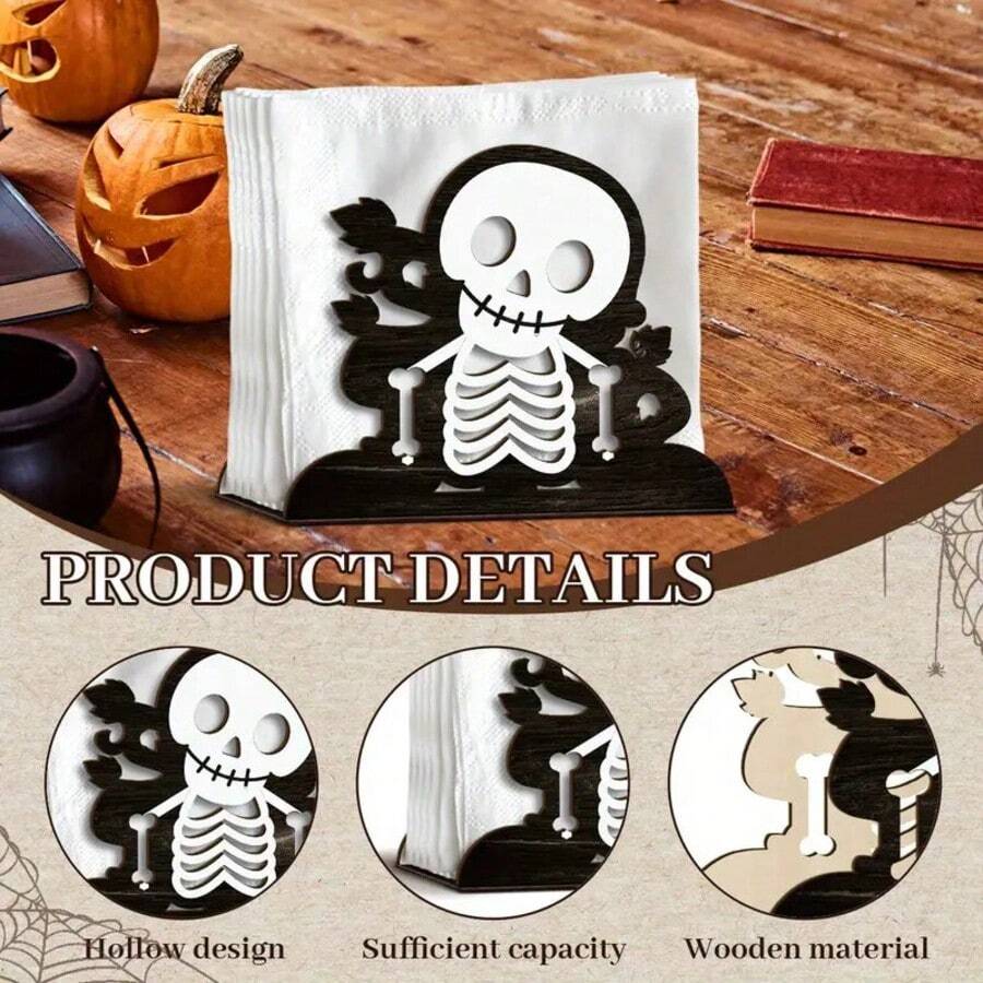 Suporte de Papel Toalha com Padrão de Esqueleto. Material de Madeira, Adequado para Colocação na Mesa Festiva de Casa.