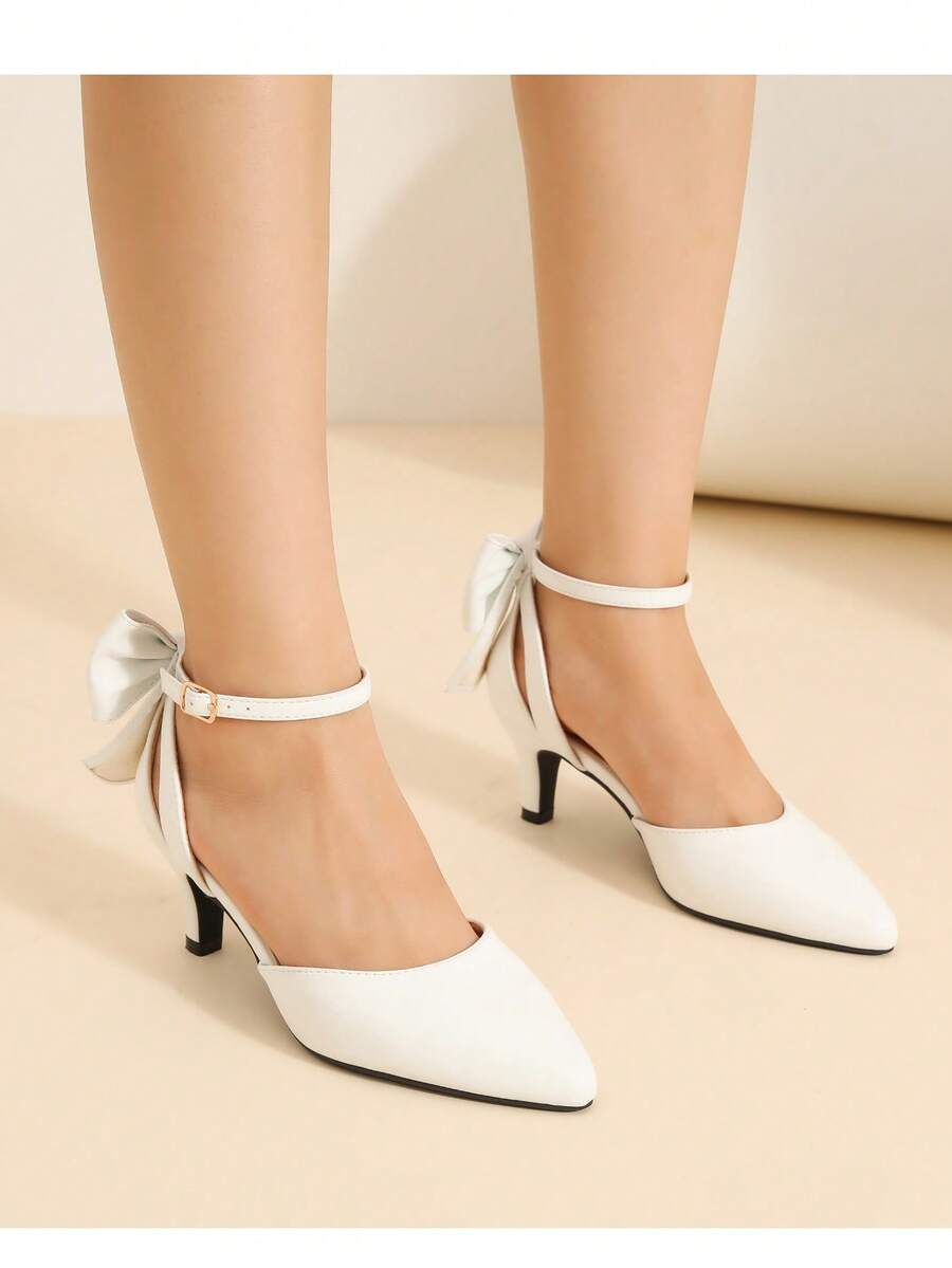 MAIERNISI JESSI Women's Wedding Evening Party Bow Kitten Heels Pumps Ankle Strap Buckle Dress Shoes - 白色霧面 - 查看 1