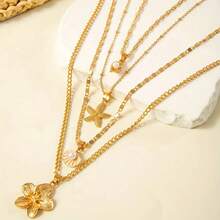 4pcs Elegant And Sexy Metal Starfish Flower Shell Pendant Necklace Set With Geometric Chain Jewelry, Perfect For Daily Wear Or Parties - Ideal Holiday Gift For Women, Versatile Autumn/Winter Fashion Accessory - Vàng - Xem 4