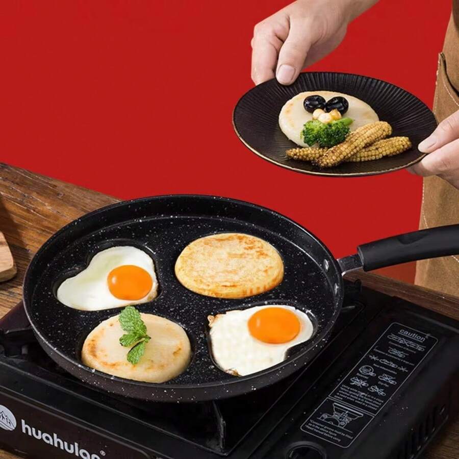 1 sartén antiadherente de acero inoxidable, sartén de desayuno de varias etapas con moldes para hamburguesas y huevos, mango, adecuada para estufas de gas, placas de inducción - Negro - Ver 1
