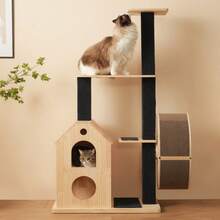Solid Wood Cat Tree With Exercise Wheel – 80x40x152cm Scratching Post With 4 Platforms, 2 Cat Houses, Sisal Posts And Washable Mats, Cat Roller, Cat Exercise Wheel, Scratcher, Cat Climbing Frame - Black - View 3